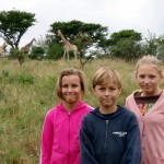 Phoebe, Drake and Caroline with giraffes at Tonevale.